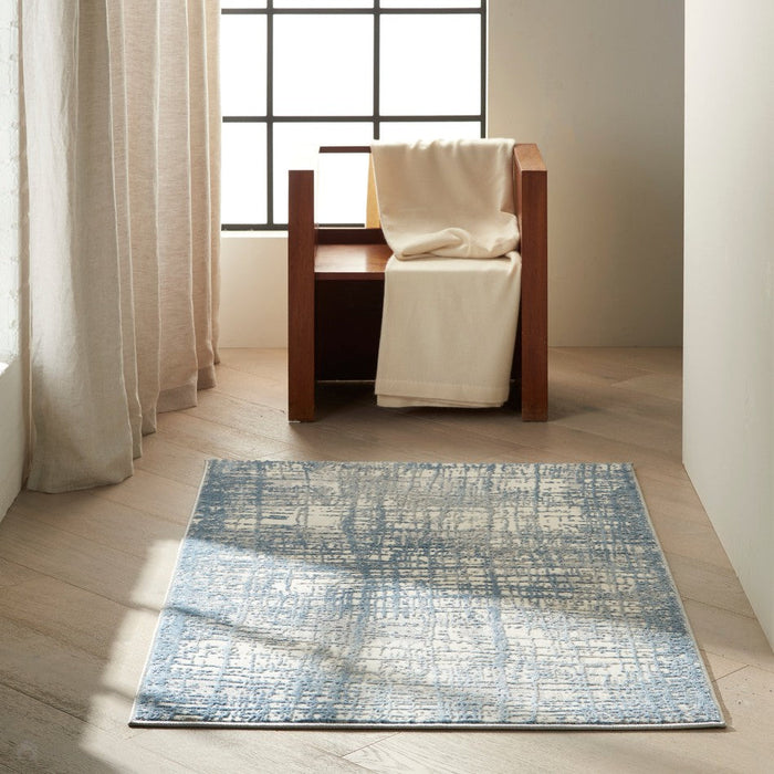 CK Rush CK950 Modern Crosshatched Linear Abstract Distressed Hi-Low Textured Low Flat-Pile Ivory/Blue Rug