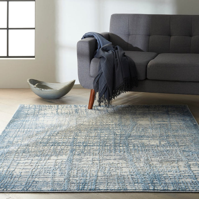 CK Rush CK950 Modern Crosshatched Linear Abstract Distressed Hi-Low Textured Low Flat-Pile Ivory/Blue Rug