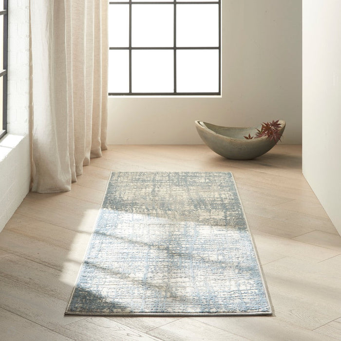 CK Rush CK950 Modern Crosshatched Linear Abstract Distressed Hi-Low Textured Low Flat-Pile Ivory/Blue Rug