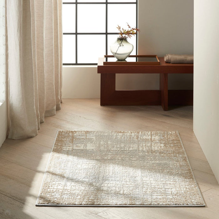 CK Rush CK950 Modern Crosshatched Linear Abstract Distressed Hi-Low Textured Low Flat-Pile Ivory/Taupe Rug