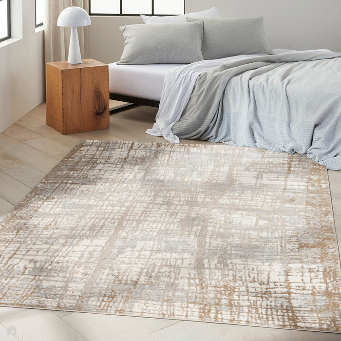 CK Rush CK950 Modern Crosshatched Linear Abstract Distressed Hi-Low Textured Low Flat-Pile Ivory/Taupe Rug