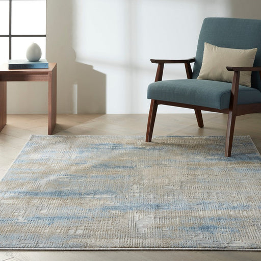 CK Rush CK951 Modern Crosshatched Linear Abstract Distressed Hi-Low Textured Low Flat-Pile Blue/Beige Rug