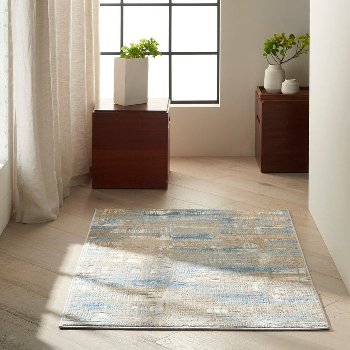 CK Rush CK951 Modern Crosshatched Linear Abstract Distressed Hi-Low Textured Low Flat-Pile Blue/Beige Rug