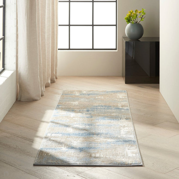 CK Rush CK951 Modern Crosshatched Linear Abstract Distressed Hi-Low Textured Low Flat-Pile Blue/Beige Rug