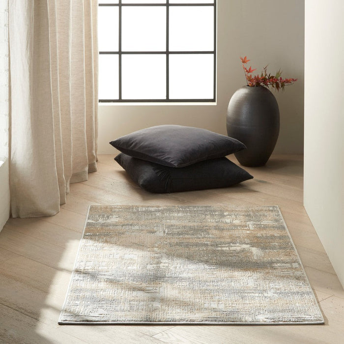 CK Rush CK951 Modern Crosshatched Linear Abstract Distressed Hi-Low Textured Low Flat-Pile Grey/Beige Rug