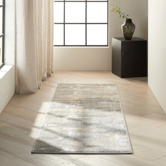 CK Rush CK951 Modern Crosshatched Linear Abstract Distressed Hi-Low Textured Low Flat-Pile Grey/Beige Rug