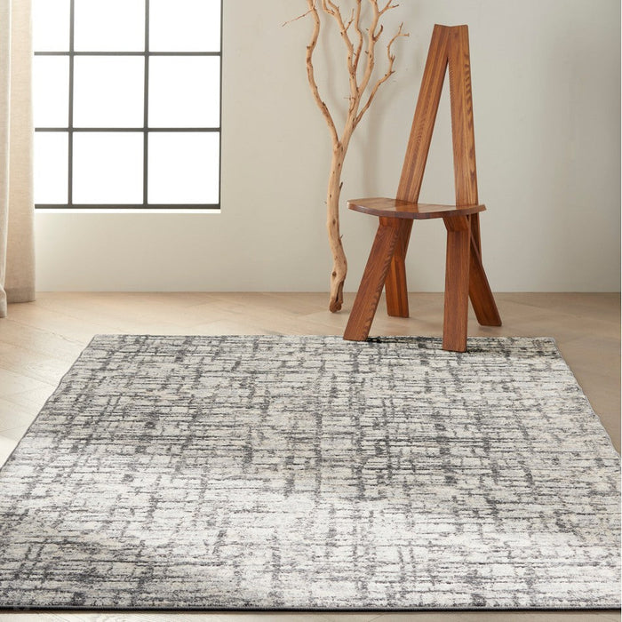 CK Rush CK952 Modern Crosshatched Linear Abstract Distressed Hi-Low Textured Low Flat-Pile Ivory/Grey Rug