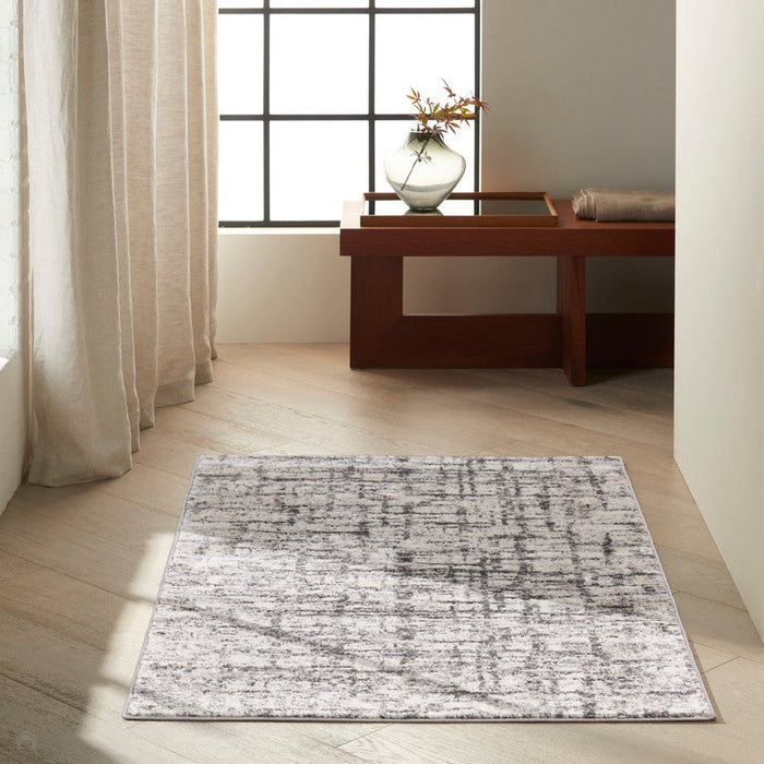 CK Rush CK952 Modern Crosshatched Linear Abstract Distressed Hi-Low Textured Low Flat-Pile Ivory/Grey Rug