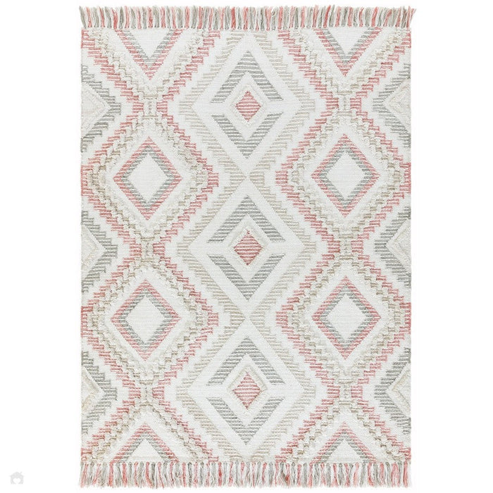 Carlton Boho Geometric Textured Hand-Woven Hi-Low Durable Stain-Resistant Weatherproof Flatweave In-Outdoor Pink/Cream/Taupe/Grey Rug