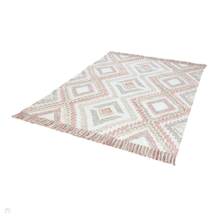 Carlton Boho Geometric Textured Hand-Woven Hi-Low Durable Stain-Resistant Weatherproof Flatweave In-Outdoor Pink/Cream/Taupe/Grey Rug