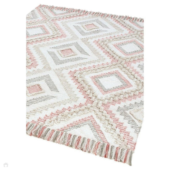 Carlton Boho Geometric Textured Hand-Woven Hi-Low Durable Stain-Resistant Weatherproof Flatweave In-Outdoor Pink/Cream/Taupe/Grey Rug