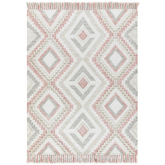 Carlton Boho Geometric Textured Hand-Woven Hi-Low Durable Stain-Resistant Weatherproof Flatweave In-Outdoor Pink/Cream/Taupe/Grey Rug