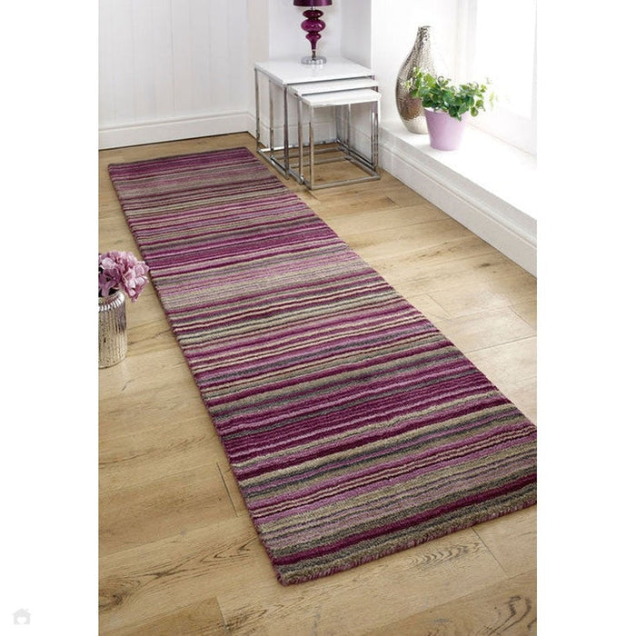 Carter Modern Stripe Hand Woven Wool Berry Purple/Grey/Beige Berry Rug