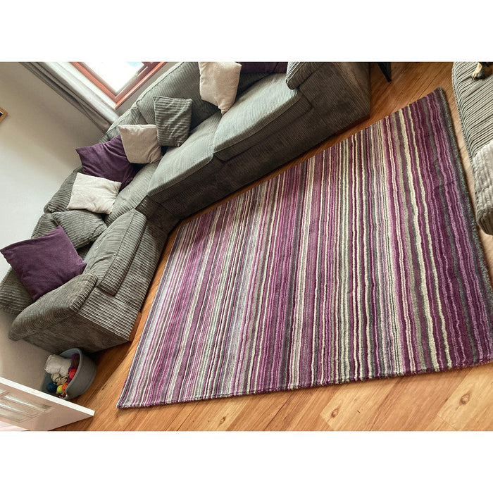 Carter Modern Stripe Hand Woven Wool Berry Purple/Grey/Beige Berry Rug