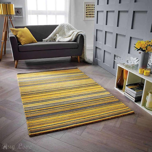 Carter Modern Stripe Hand Woven Wool Ochre Yellow/Grey/Beige Rug