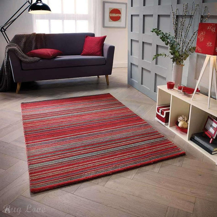 Carter Modern Stripe Hand Woven Wool Red/Grey/Beige Rug