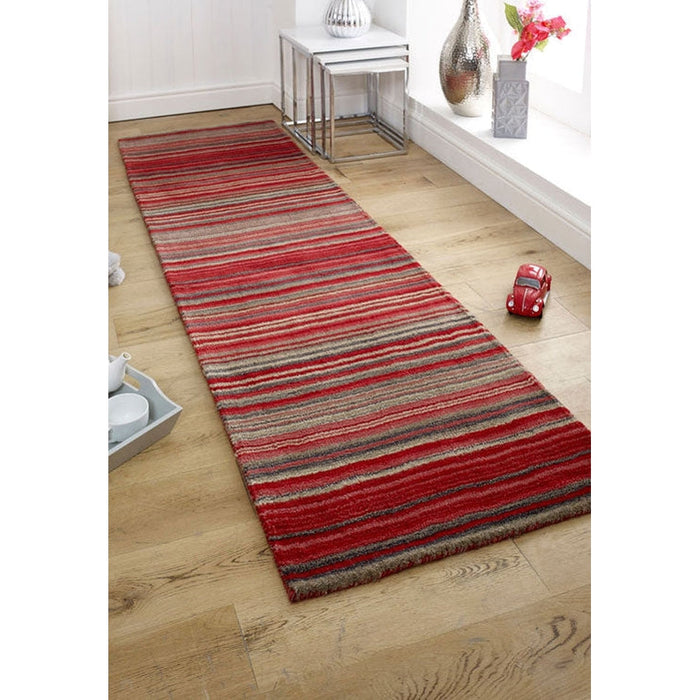 Carter Modern Stripe Hand Woven Wool Red/Grey/Beige Rug