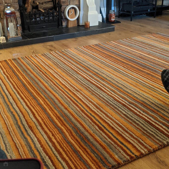 Carter Modern Stripe Hand Woven Wool Rust Orange/Grey/Beige Rug