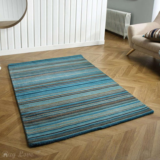 Carter Modern Stripe Hand Woven Wool Teal Blue/Grey/Beige Rug