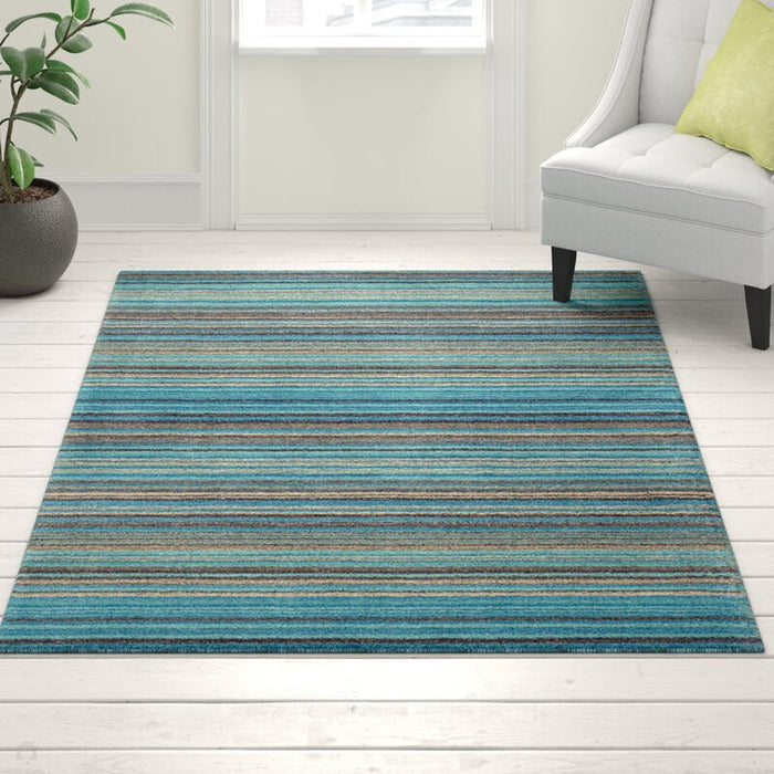 Carter Modern Stripe Hand Woven Wool Teal Blue/Grey/Beige Rug