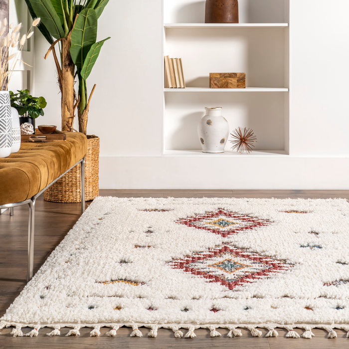 Carved Geometric Shag Area Rug in Rust for Living Rooms