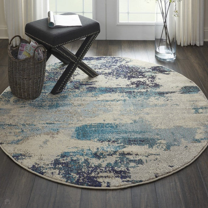 Celestial CES02 Modern Abstract Soft Durable Low Short Flat Pile Ivory/Teal Blue Round Rug