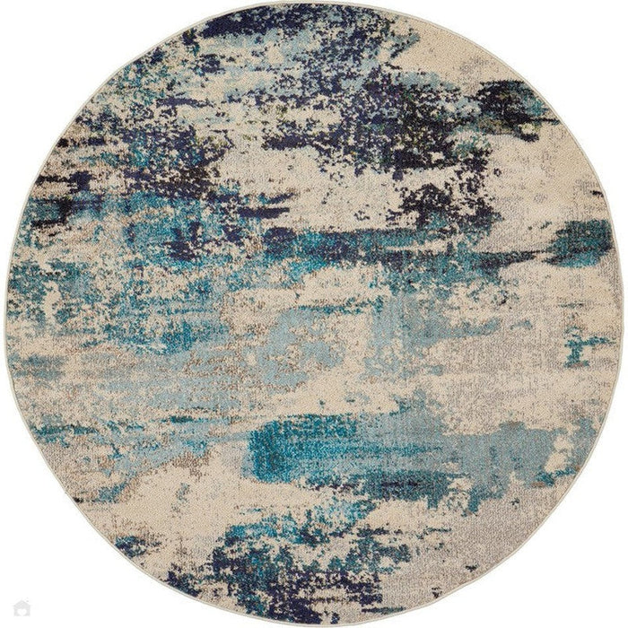 Celestial CES02 Modern Abstract Soft Durable Low Short Flat Pile Ivory/Teal Blue Round Rug