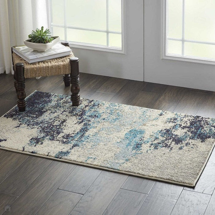 Celestial CES02 Modern Abstract Soft Durable Low Short Flat Pile Ivory/Teal Blue Rug