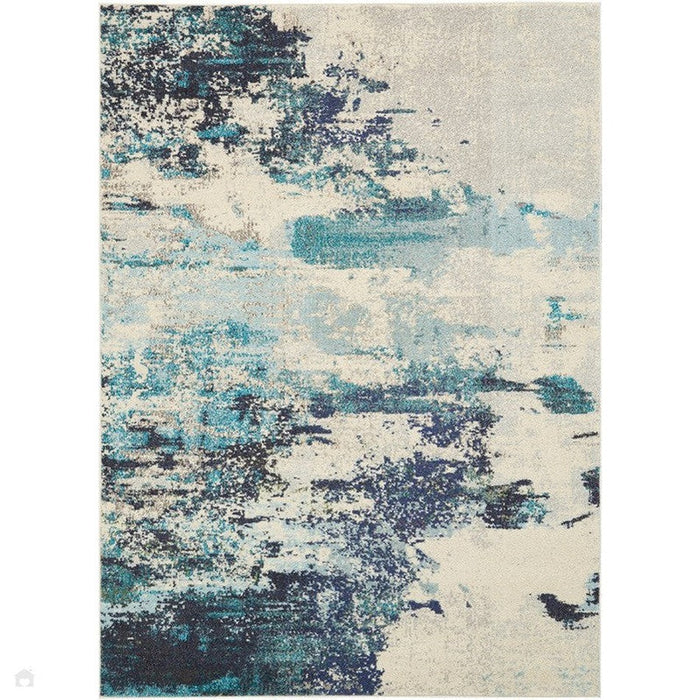 Celestial CES02 Modern Abstract Soft Durable Low Short Flat Pile Ivory/Teal/Blue Runner