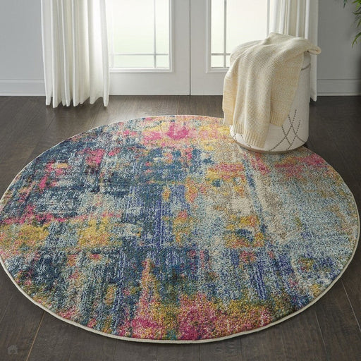 Celestial CES09 Modern Abstract Soft Durable Low Short Flat Pile Blue/Yellow Round Rug