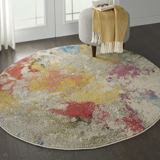 Celestial CES12 Modern Abstract Soft Durable Low Short Flat Pile Ivory/Multicolour Round Rug