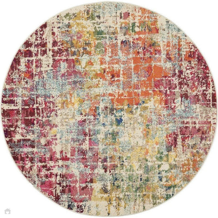 Celestial CES13 Modern Abstract Zacht Duurzaam Laag Kort Platpolig Roze/Multi Rond Vloerkleed 239 x 239 cm