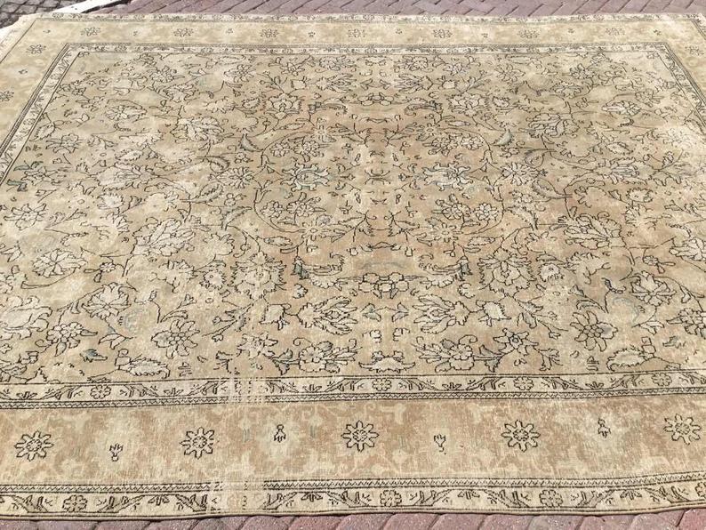 Champagne Oushak handgeknoopt vintage vloerkleed 398 x 290 cm