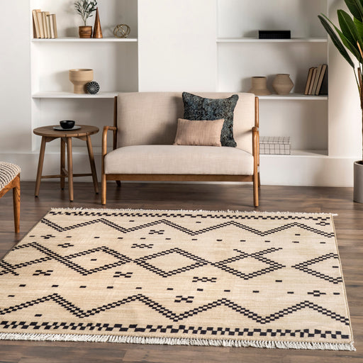 Checkered Moroccan Tassel Area Rug 140cm Off White