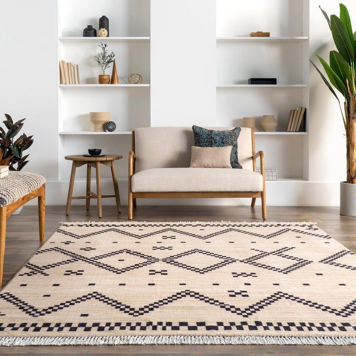 Checkered Moroccan Tassel Area Rug 140cm Off White