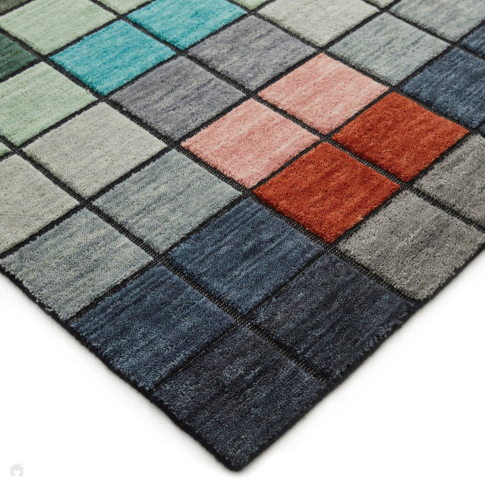 Chequers Modern Geometric Hand-Carved Hi-Low Textured Wool Multicolour Rug