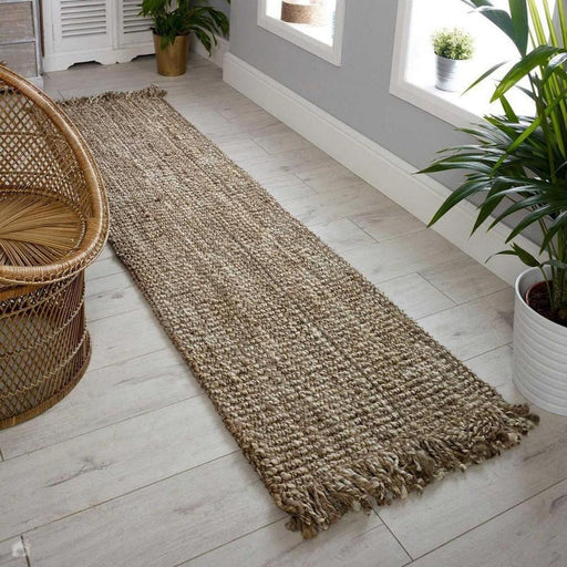 Chunky Jute Tassel Loose Open Weave Hand-Woven Natural Fibre Flatweave Grey/Cream Runner