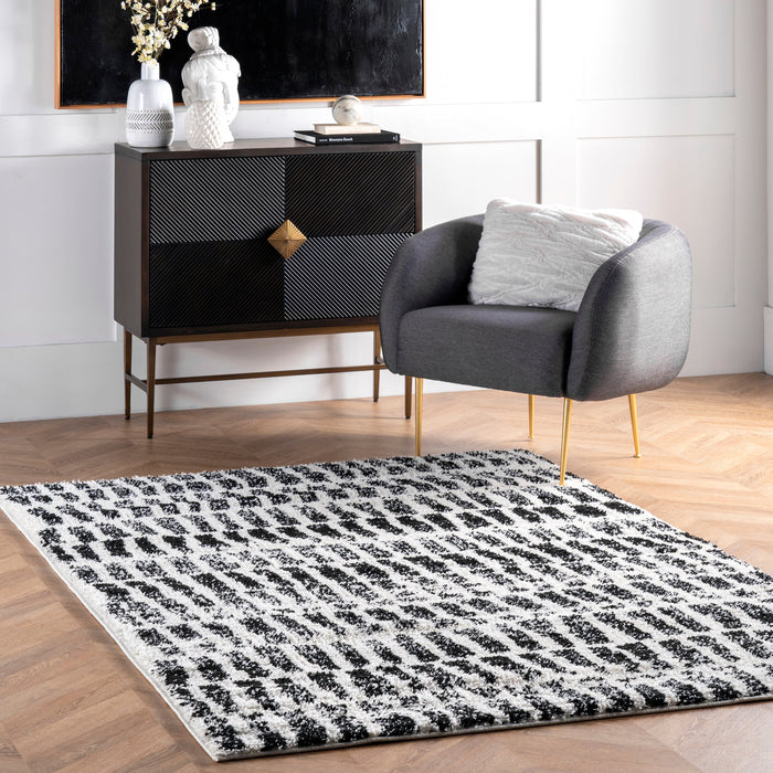 Classic Black And White Striped Shag Area Rug 150cm x 240cm