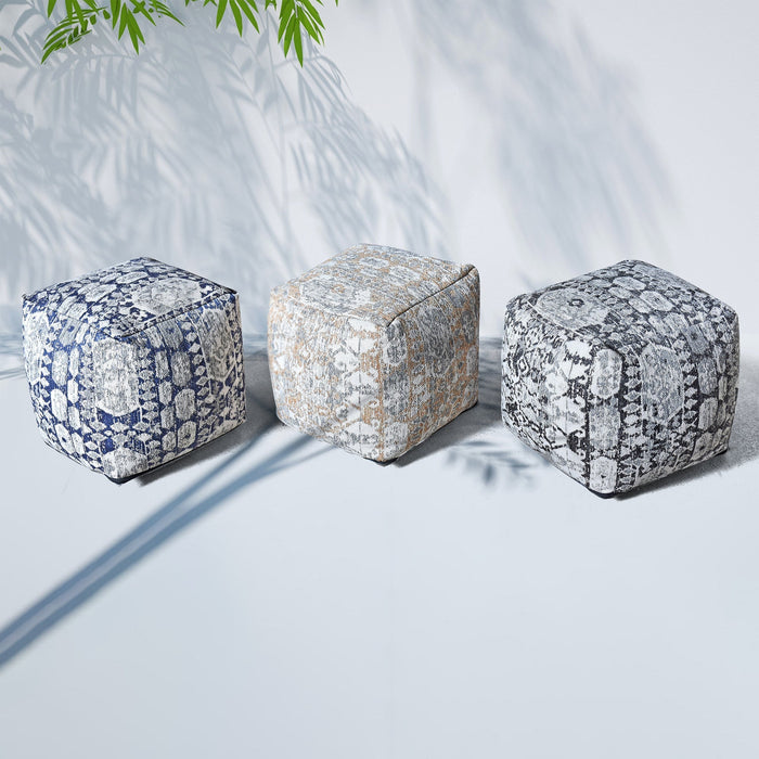 Pouf classico in tessuto jacquard in blu avorio e beige