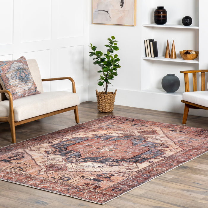 Classic Medallion Printed Area Rug in Pale Terracotta