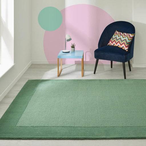 Colours Modern Plain Ribbed Contrast Smooth Border Hand-Woven Wool Green Rug 160 x 230 cm