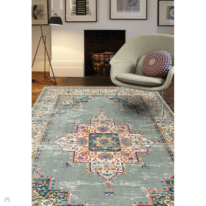 Colt CL02 Medallion Traditional Durable Low Short Pile Grey/Multicolour Rug