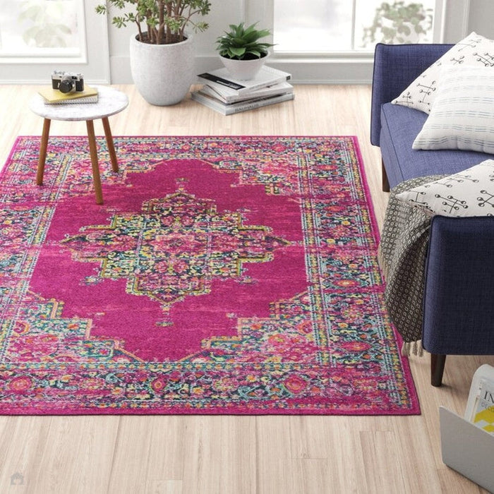 Colt CL04 Medallion Traditional Durable Low Short Pile Fuchsia Rug