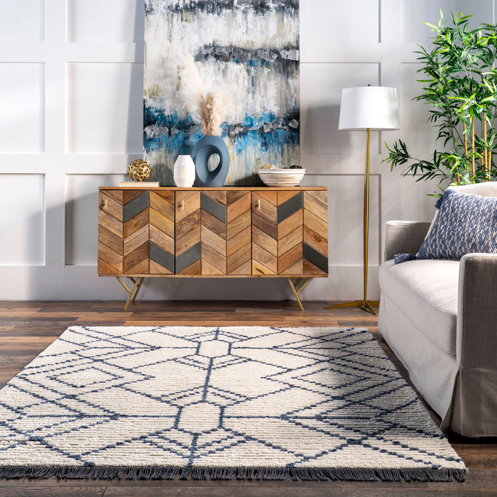 Contemporary Blue Tasseled Area Rug for Home Decor