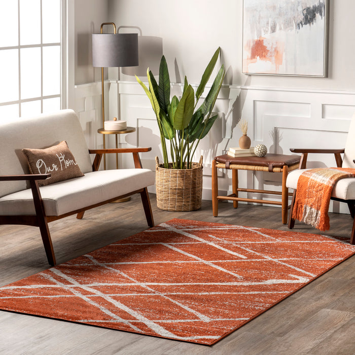 Contemporary Dark Orange Area Rug With Lattice Design