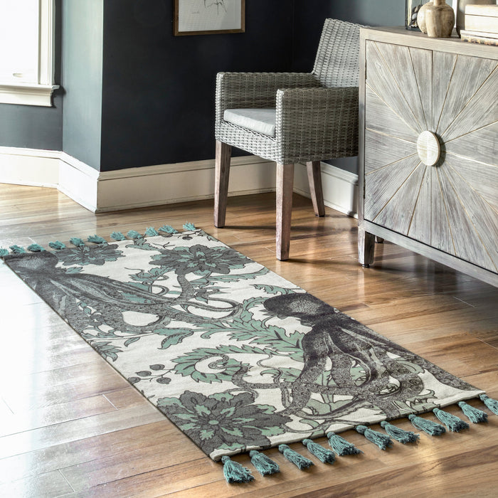 Cotton Octopus Area Rug 120x180 cm in Aqua Color