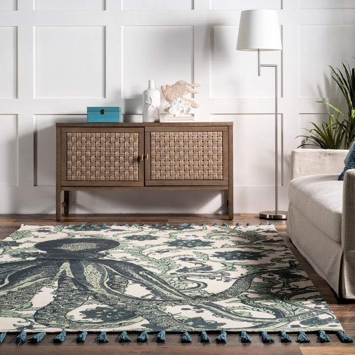 Cotton Octopus Area Rug 120x180 cm in Aqua Color