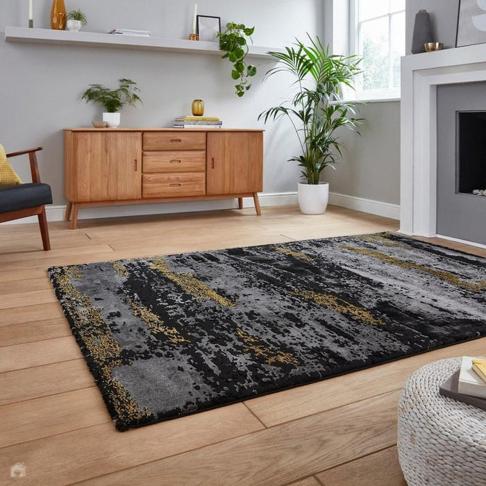 Craft 19788 Modern Abstract Distressed Marbled Metallic Shimmer Soft Textured Black/Grey/Gold Rug