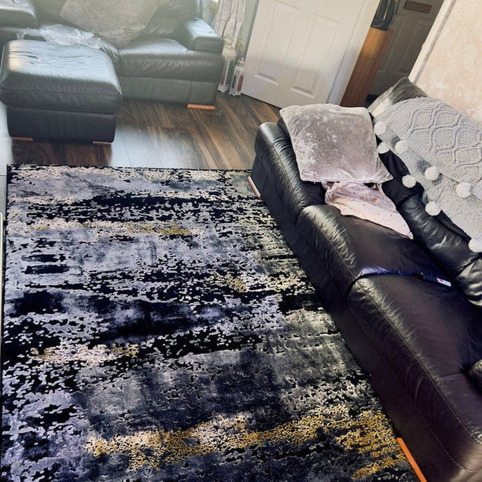 Craft 19788 Modern Abstract Distressed Marbled Metallic Shimmer Soft Textured Black/Grey/Gold Rug