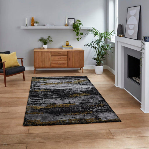 Craft 19788 Modern Abstract Distressed Marbled Metallic Shimmer Soft Textured Black/Grey/Gold Rug